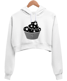 Cupcake Figürlü Kadın Crop Hoodie Kapüşonlu Sweatshirt