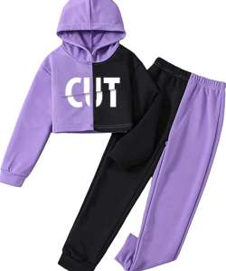 CUT Lila-Siyah Çift Renkli Kız Çocuğu Crop Hoodie ve Eşofman Altı