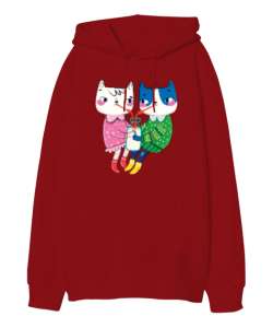 cute cat ,its winter time Kırmızı Oversize Unisex Kapüşonlu Sweatshirt