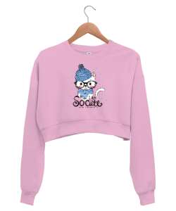 Cute Cat - Sevimli Kedi Pembe Kadın Crop Sweatshirt