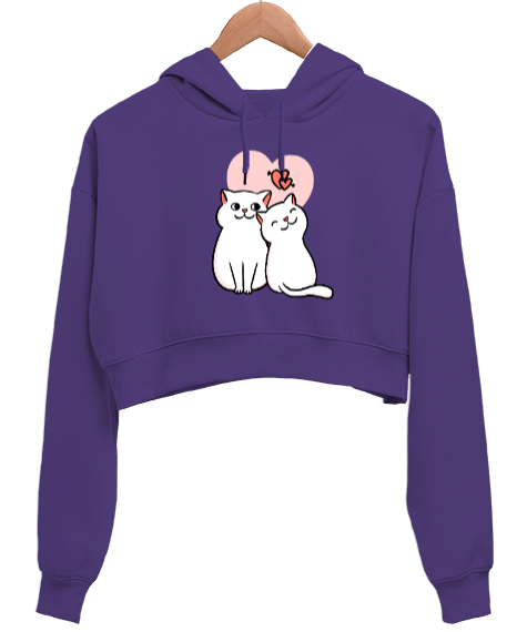 cute cats Mor Kadın Crop Hoodie Kapüşonlu Sweatshirt