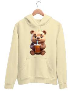 CUTE DRUNK BEAR Krem Unisex Kapşonlu Sweatshirt