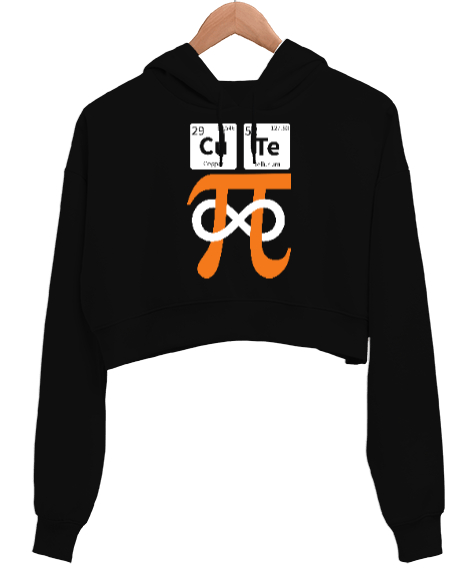 Cute Pi Sembolü Siyah Kadın Crop Hoodie Kapüşonlu Sweatshirt