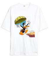 Daffy Duck Beyaz Oversize Unisex Tişört - Thumbnail