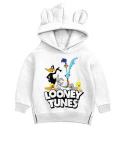 DAFFY DUCK VE BUGS BUNNY Beyaz Unisex Çocuk Ayı Hoodie Kapşonlu