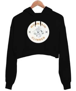 Dağ Tırmanışı Dağcılık Özel Tasarım Siyah Kadın Crop Hoodie Kapüşonlu Sweatshirt