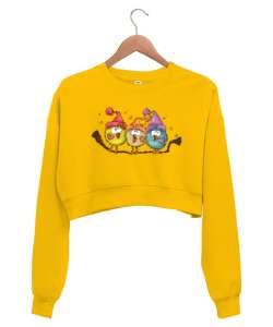 Dalda Öten Kuşlar Sarı Kadın Crop Sweatshirt