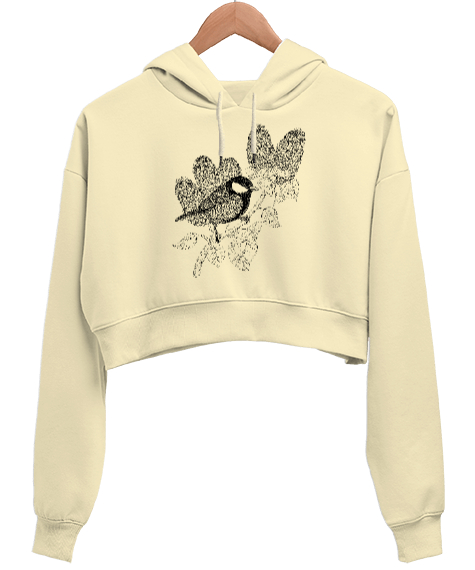 Daldaki Kuş V2 Krem Kadın Crop Hoodie Kapüşonlu Sweatshirt