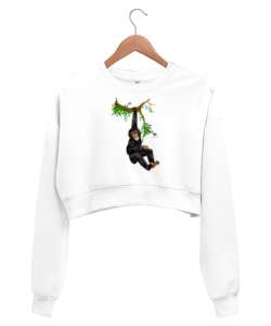 Daldaki Maymun Beyaz Kadın Crop Sweatshirt