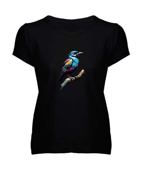 Tisho - daldaki renkli kuş Siyah Kadın V Yaka Tişört