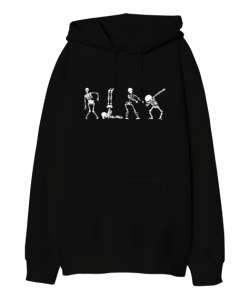 Dancing Skeleton - Dans Eden İskeletler Siyah Oversize Unisex Kapüşonlu Sweatshirt