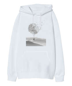 Dandelion - Balon - Sürrealizm Beyaz Oversize Unisex Kapüşonlu Sweatshirt