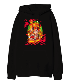 Demon Slayer Anime Kyojuro Rengoku Tasarım Baskılı Oversize Unisex Kapüşonlu Sweatshirt