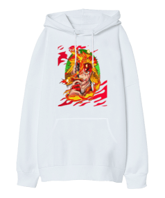 Demon Slayer Anime Kyojuro Rengoku Tasarım Baskılı Oversize Unisex Kapüşonlu Sweatshirt