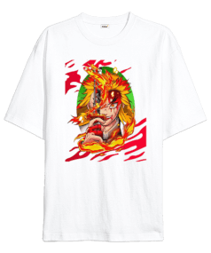 Demon Slayer Anime Kyojuro Rengoku Tasarım Baskılı Oversize Unisex Tişört