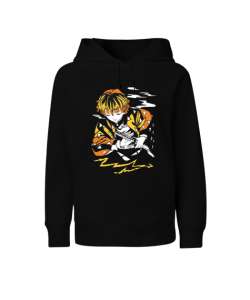 Demon Slayer Anime Zenitsu Tasarım Baskılı Siyah Çocuk Unisex Hoodie Kapüşonlu