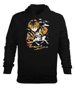 Demon Slayer Anime Zenitsu Tasarım Baskılı Siyah Erkek Kapüşonlu Hoodie Sweatshirt