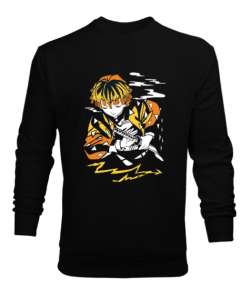 Demon Slayer Anime Zenitsu Tasarım Baskılı Siyah Erkek Sweatshirt