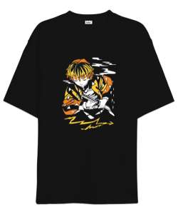 Demon Slayer Anime Zenitsu Tasarım Baskılı Siyah Oversize Unisex Tişört