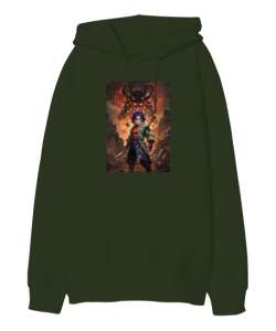 Demon Slayer Haki Yeşili Oversize Unisex Kapüşonlu Sweatshirt