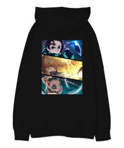 Demon Slayer : Kimetsu no Yaiba Siyah Oversize Unisex Kapüşonlu Sweatshirt