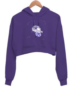 Deniz ananası Mor Kadın Crop Hoodie Kapüşonlu Sweatshirt