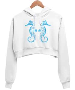 DENİZ ATI Beyaz Kadın Crop Hoodie Kapüşonlu Sweatshirt