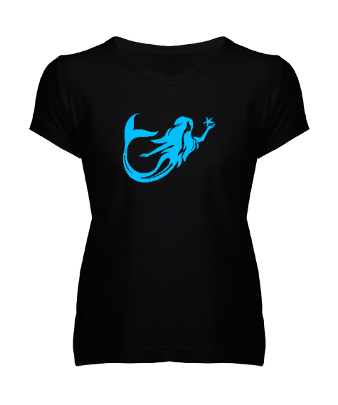 Tisho - Deniz Kızı - Mermaid - Denizkızı Siyah Kadın V Yaka Tişört