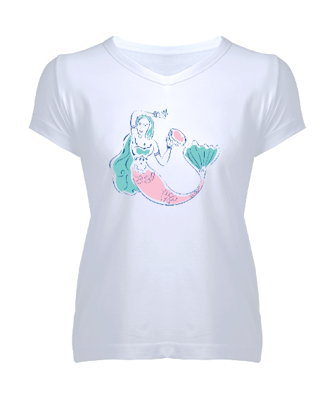 Tisho - Deniz Kızı - Mermaid - Denizkızı V10 Beyaz Kadın V Yaka Tişört