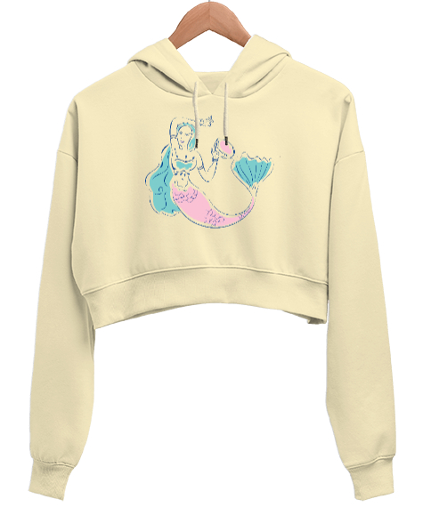 Tisho - Deniz Kızı - Mermaid - Denizkızı V10 Krem Kadın Crop Hoodie Kapüşonlu Sweatshirt