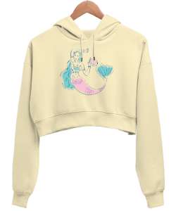 Deniz Kızı - Mermaid - Denizkızı V10 Krem Kadın Crop Hoodie Kapüşonlu Sweatshirt