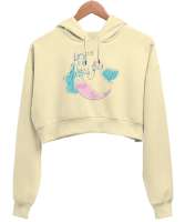 Deniz Kızı - Mermaid - Denizkızı V10 Krem Kadın Crop Hoodie Kapüşonlu Sweatshirt - Thumbnail