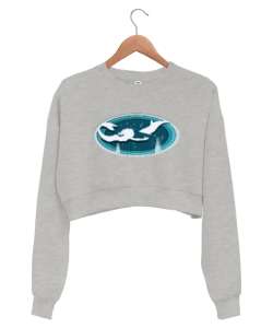 Deniz Kızı ve Yunus - Mermaid Dolphin Gri Kadın Crop Sweatshirt