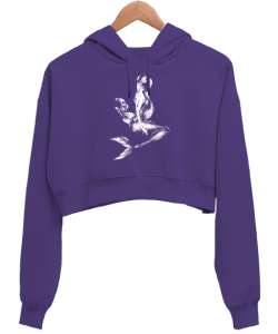 Denizkızı - Mermaid Mor Kadın Crop Hoodie Kapüşonlu Sweatshirt