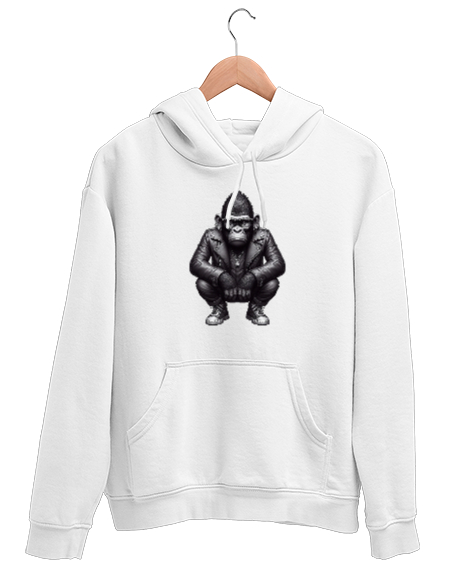 Tisho - deri montlu goril Beyaz Unisex Kapşonlu Sweatshirt