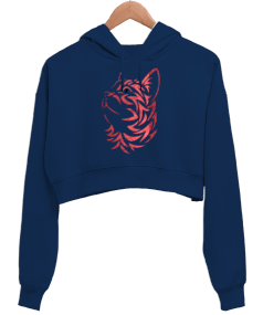 desenli kedi Kadın Crop Hoodie Kapüşonlu Sweatshirt