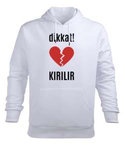 Dikkat Kırılır Kırık Kalp Beyaz Erkek Kapüşonlu Hoodie Sweatshirt