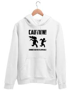 Dikkat Zombi Alev Alabilir - Caution Zombies Beyaz Unisex Kapşonlu Sweatshirt