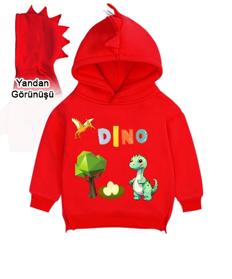 Tisho - Dinazor dünyası Kırmızı Çocuk Dinozor Kapşonlu Hoodie