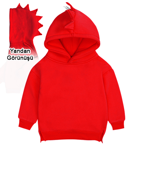 Tisho - Dinazor şapkalı Kırmızı Çocuk Dinozor Kapşonlu Hoodie