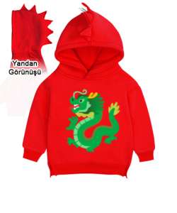 Dinazorlu Kırmızı Çocuk Dinozor Kapşonlu Hoodie