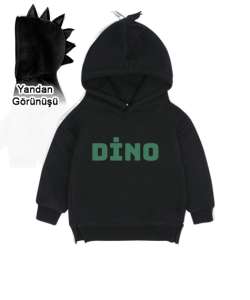 Dino Siyah Çocuk Dinozor Kapşonlu Hoodie