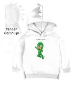 Dinosaur Beyaz Çocuk Dinozor Kapşonlu Hoodie - Thumbnail