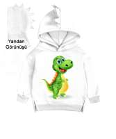 dinozor Beyaz Çocuk Dinozor Kapşonlu Hoodie - Thumbnail