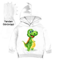 dinozor Beyaz Çocuk Dinozor Kapşonlu Hoodie