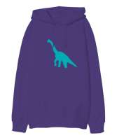 Dinozor Mor Oversize Unisex Kapüşonlu Sweatshirt - Thumbnail