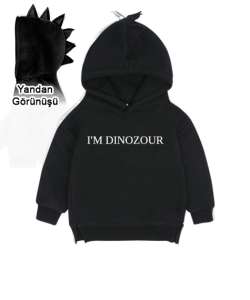 Dinozor Siyah Çocuk Dinozor Kapşonlu Hoodie