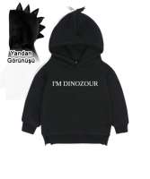 Dinozor Siyah Çocuk Dinozor Kapşonlu Hoodie - Thumbnail