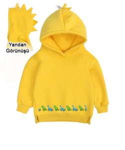 Dinozor temalı Sarı Çocuk Dinozor Kapşonlu Hoodie