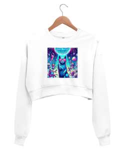 disko kedi Beyaz Kadın Crop Sweatshirt